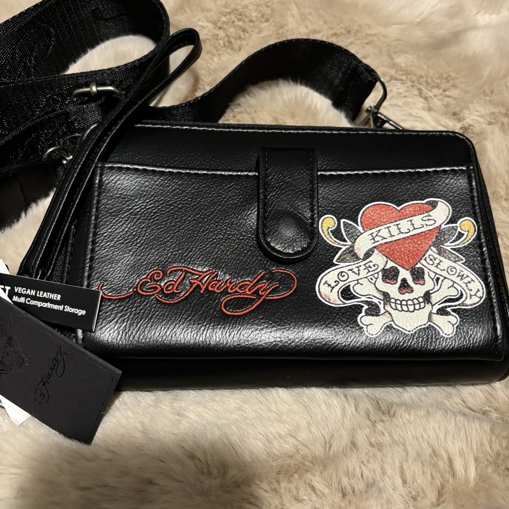 Ed Hardy Love Kills Slowly Crossbody Black Heart Skull Tattoo‎ Grunge Goth Y2K